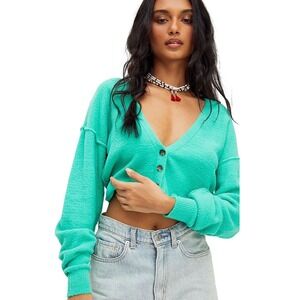 Free People Women Emerald Green Cropped Cardigan V-Neck Knit Sweater XS